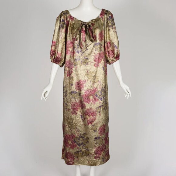 1970s/1980s Vintage Floral Gold Lamé Puff Sleeve Evening Gown Sz L - Picture 2 of 5